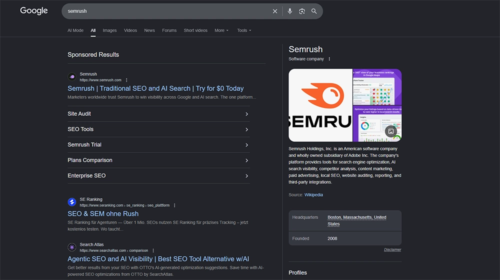 نمونه تبلیغات گوگل ادز با نام برند که توسط semrush انجام شده